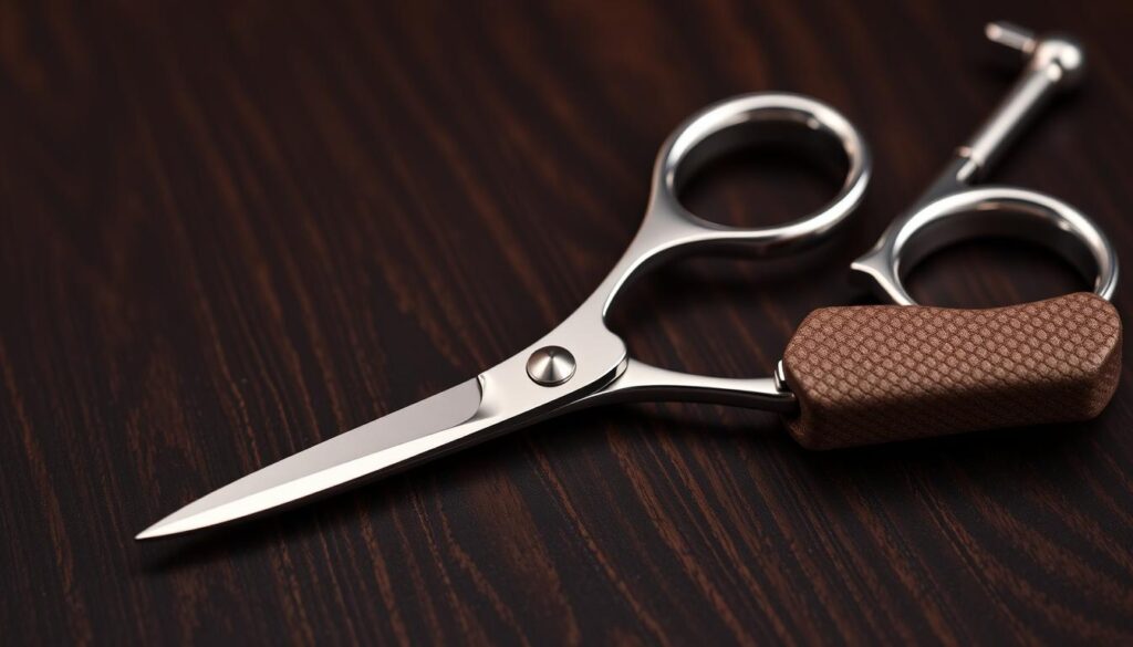 Curved mustache scissors with intricate details, resting on a dark wooden surface. The blades have a sleek, metallic sheen, reflecting the warm lighting from above. The handles are crafted from high-quality, textured material, providing a comfortable and secure grip. The overall design is a harmonious blend of functionality and artistry, befitting the skilled hands of a professional barber or groomer. The scene evokes a sense of precision, elegance, and the meticulous care required for grooming facial hair. Curved mustache scissors with intricate details, resting on a dark wooden surface. The blades have a sleek, metallic sheen, reflecting the warm lighting from above. The handles are crafted from high-quality, textured material, providing a comfortable and secure grip. The overall design is a harmonious blend of functionality and artistry, befitting the skilled hands of a professional barber or groomer. The scene evokes a sense of precision, elegance, and the meticulous care required for grooming facial hair.