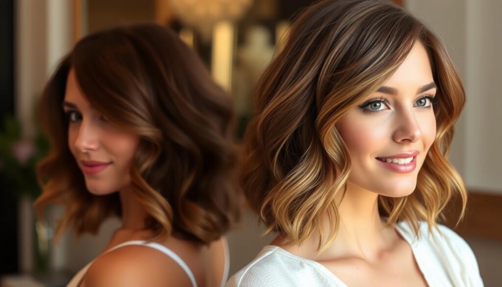 Elegant medium-length hairstyles for a round face, showcasing soft, face-framing layers that gently contour the features. Subtle waves or natural curls add volume and movement, creating an illusion of a more defined jawline. Warm, natural lighting highlights the healthy shine of the hair. Captured at a flattering angle to emphasize the graceful silhouette. The overall look is polished yet effortless, striking a balance between classic and modern styles suitable for a round facial structure.
