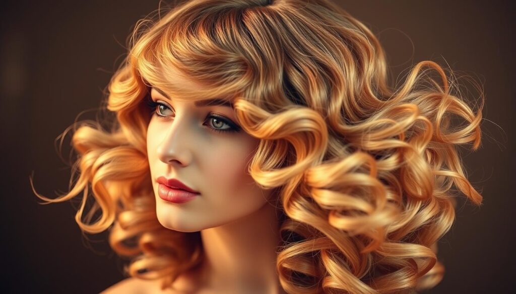 Flowing, voluminous waves of hair in a captivating 1920s style. The model's head tilted slightly to the side, warm lighting casting gentle shadows across the face, highlighting the intricate, meticulously styled locks. A classic parted fringe frames the forehead, while the sides and back cascade in lush, undulating curls, evoking the glamour and elegance of the Roaring Twenties. The image exudes a timeless, vintage charm, perfect for showcasing the various types of wavy hairstyles popular during that era. Flowing, voluminous waves of hair in a captivating 1920s style. The model's head tilted slightly to the side, warm lighting casting gentle shadows across the face, highlighting the intricate, meticulously styled locks. A classic parted fringe frames the forehead, while the sides and back cascade in lush, undulating curls, evoking the glamour and elegance of the Roaring Twenties. The image exudes a timeless, vintage charm, perfect for showcasing the various types of wavy hairstyles popular during that era.