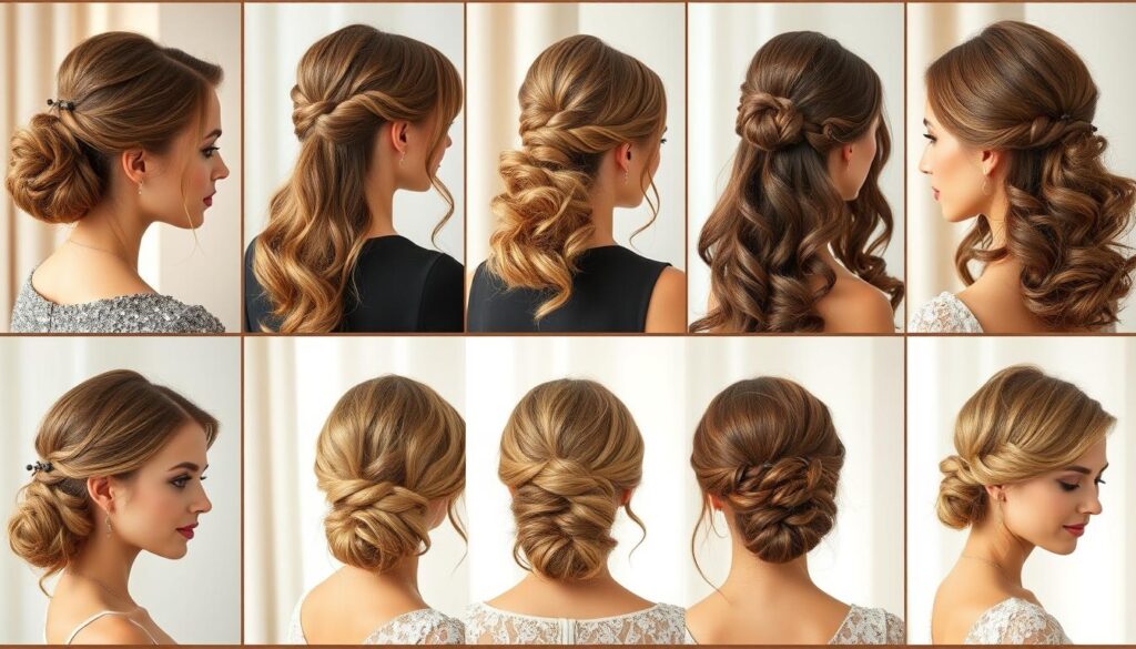High-quality hairstyles for various occasions, showcasing a diverse range of elegant, sophisticated, and trendy options. The image should feature a collage or gallery-style composition, with multiple hairstyles displayed against a soft, blurred background. Warm, natural lighting highlights the textures and details of the hair, creating a polished, professional look. The hairstyles should include styles suitable for formal events, casual gatherings, and everything in between, capturing the versatility and adaptability of these looks. The overall tone should convey a sense of timeless beauty, inspiration, and self-expression.