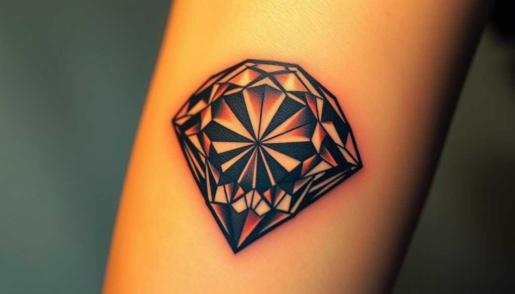 A beautifully detailed diamond-shaped tattoo design, capturing the essence of permanence and value. The foreground features a meticulously rendered diamond, its facets gleaming with intricate patterns and a mesmerizing brilliance. The middle ground showcases the tattoo's delicate linework, expertly shaded to create depth and dimension. In the background, a soft, ethereal glow radiates, evoking a sense of timelessness and the inherent beauty of the diamond. The lighting is warm and subtle, casting gentle shadows that accentuate the tattoo's sculptural qualities. Captured from a slightly elevated angle, the image conveys a sense of reverence and appreciation for the diamond's symbolic significance in the art of tattooing. A beautifully detailed diamond-shaped tattoo design, capturing the essence of permanence and value. The foreground features a meticulously rendered diamond, its facets gleaming with intricate patterns and a mesmerizing brilliance. The middle ground showcases the tattoo's delicate linework, expertly shaded to create depth and dimension. In the background, a soft, ethereal glow radiates, evoking a sense of timelessness and the inherent beauty of the diamond. The lighting is warm and subtle, casting gentle shadows that accentuate the tattoo's sculptural qualities. Captured from a slightly elevated angle, the image conveys a sense of reverence and appreciation for the diamond's symbolic significance in the art of tattooing.