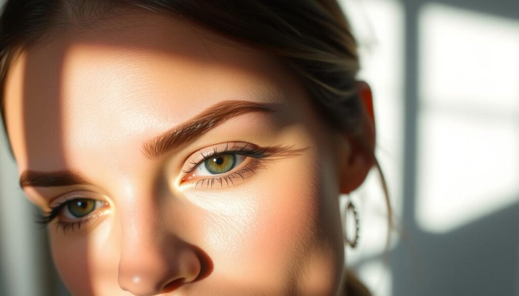 A beautifully lit close-up of a woman's face, with a clear focus on the brows. The skin has a soft, luminous quality, and the lighting casts subtle shadows that accentuate the natural contours of the brows. The brows are precisely shaped, with a slight arch and a defined, natural-looking color. The background is blurred, creating a sense of depth and drawing the viewer's attention to the expertly applied brow makeup. The overall mood is one of sophistication and attention to detail, reflecting the "Jak malować brwi - podstawowe zasady" section of the article. A beautifully lit close-up of a woman's face, with a clear focus on the brows. The skin has a soft, luminous quality, and the lighting casts subtle shadows that accentuate the natural contours of the brows. The brows are precisely shaped, with a slight arch and a defined, natural-looking color. The background is blurred, creating a sense of depth and drawing the viewer's attention to the expertly applied brow makeup. The overall mood is one of sophistication and attention to detail, reflecting the "Jak malować brwi - podstawowe zasady" section of the article.