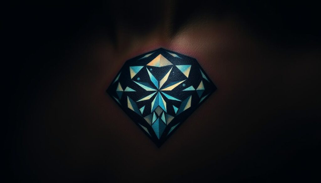 A captivating diamond-shaped tattoo shimmering with brilliant facets, set against a backdrop of deep, lustrous black. The diamond's surface reflects a spectrum of iridescent hues, capturing the essence of permanence, elegance, and inherent worth. Delicate lines and precise geometry create an intricate, mesmerizing pattern that draws the eye inward, evoking a sense of timelessness and unwavering commitment. Dramatic chiaroscuro lighting casts dramatic shadows, emphasizing the tattoo's depth and dimensionality. The overall composition exudes a sense of profound significance, a visual representation of the wearer's deep personal resonance with the diamond's symbolic meaning. A captivating diamond-shaped tattoo shimmering with brilliant facets, set against a backdrop of deep, lustrous black. The diamond's surface reflects a spectrum of iridescent hues, capturing the essence of permanence, elegance, and inherent worth. Delicate lines and precise geometry create an intricate, mesmerizing pattern that draws the eye inward, evoking a sense of timelessness and unwavering commitment. Dramatic chiaroscuro lighting casts dramatic shadows, emphasizing the tattoo's depth and dimensionality. The overall composition exudes a sense of profound significance, a visual representation of the wearer's deep personal resonance with the diamond's symbolic meaning.
