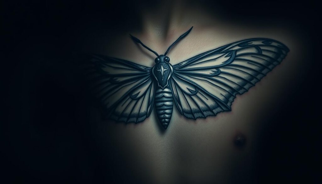 A captivating moth tattoo design, its delicate wings unfurling against a dark, mysterious backdrop. The intricate pattern of the moth's wings is rendered in shades of gray and black, evoking a sense of transformation and spiritual awakening. The tattoo is prominently featured, occupying the central focus of the image, with the moth's body and antennae creating a striking contrast against the somber, atmospheric setting. Soft, dramatic lighting illuminates the tattoo, casting subtle shadows that add depth and dimension. The overall mood is one of mysticism and contemplation, inviting the viewer to ponder the deeper meaning and symbolism behind this powerful tattoo design. A captivating moth tattoo design, its delicate wings unfurling against a dark, mysterious backdrop. The intricate pattern of the moth's wings is rendered in shades of gray and black, evoking a sense of transformation and spiritual awakening. The tattoo is prominently featured, occupying the central focus of the image, with the moth's body and antennae creating a striking contrast against the somber, atmospheric setting. Soft, dramatic lighting illuminates the tattoo, casting subtle shadows that add depth and dimension. The overall mood is one of mysticism and contemplation, inviting the viewer to ponder the deeper meaning and symbolism behind this powerful tattoo design.