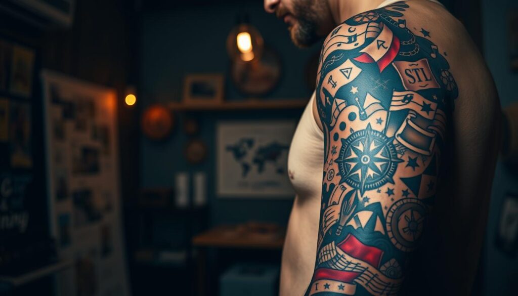 A captivating tattoo design expressing the wearer's diverse passions and interests. In the foreground, a vibrant and detailed sleeve tattoo featuring symbolic elements such as musical notes, a compass, and adventure-themed imagery, all seamlessly blended together. The middle ground showcases the tattoo's intricate shading and linework, with a sense of depth and dimension. In the background, a dimly lit studio setting with subtle lighting and a hint of weathered textures, creating an atmospheric and immersive scene. The overall composition conveys a harmonious balance between the tattoo's striking visual elements and the personal significance it holds for the individual. A captivating tattoo design expressing the wearer's diverse passions and interests. In the foreground, a vibrant and detailed sleeve tattoo featuring symbolic elements such as musical notes, a compass, and adventure-themed imagery, all seamlessly blended together. The middle ground showcases the tattoo's intricate shading and linework, with a sense of depth and dimension. In the background, a dimly lit studio setting with subtle lighting and a hint of weathered textures, creating an atmospheric and immersive scene. The overall composition conveys a harmonious balance between the tattoo's striking visual elements and the personal significance it holds for the individual.