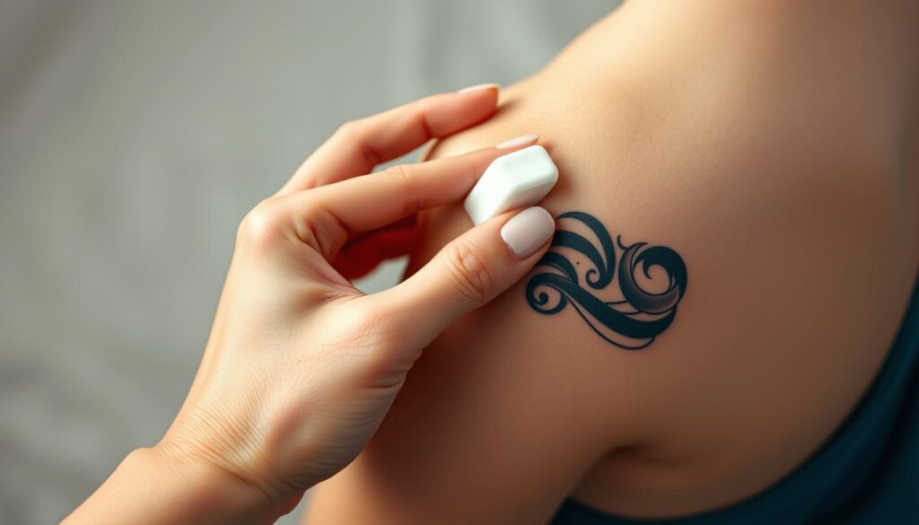 A clean, well-lit closeup of a person's hand gently applying moisturizer to a fresh, vibrant tattoo. The skin is smooth and unblemished, with the tattoo's intricate linework and bold colors standing out in sharp detail. The lighting is soft and diffused, creating a calming, serene atmosphere. The background is a neutral, out-of-focus surface, allowing the hand and tattoo to be the central focus. The model's movements are graceful and deliberate, conveying the importance of proper tattoo aftercare. An atmosphere of care, attention, and respect for the new body art. A clean, well-lit closeup of a person's hand gently applying moisturizer to a fresh, vibrant tattoo. The skin is smooth and unblemished, with the tattoo's intricate linework and bold colors standing out in sharp detail. The lighting is soft and diffused, creating a calming, serene atmosphere. The background is a neutral, out-of-focus surface, allowing the hand and tattoo to be the central focus. The model's movements are graceful and deliberate, conveying the importance of proper tattoo aftercare. An atmosphere of care, attention, and respect for the new body art.