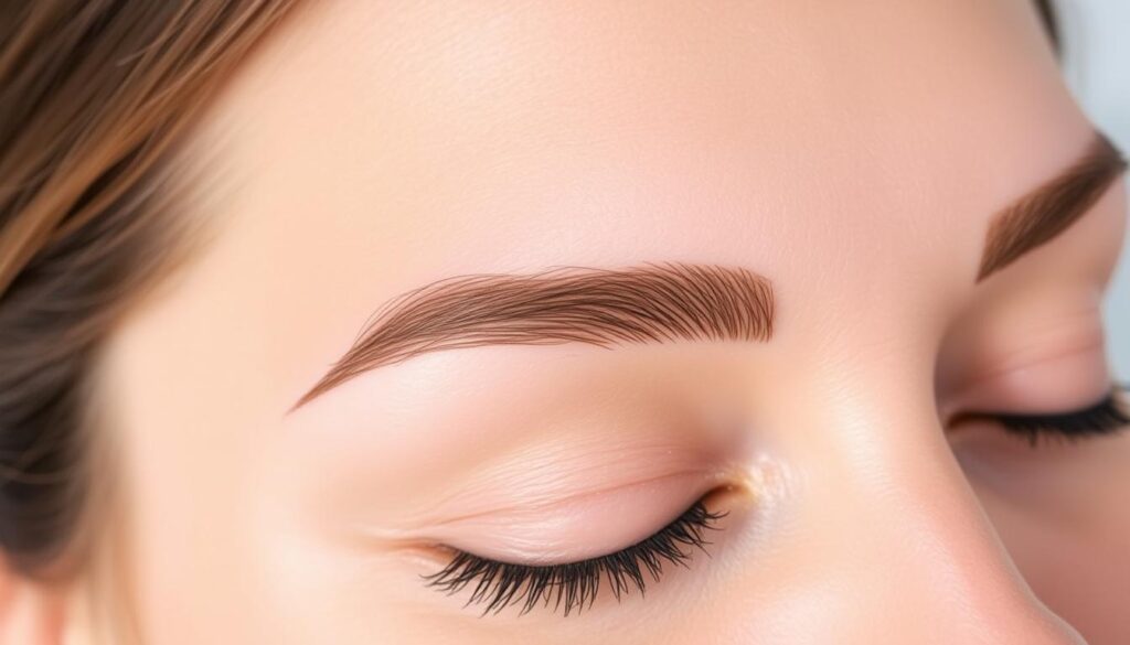 A close-up image of a woman's eyebrows, freshly finished with permanent makeup. The brows are neatly shaped, with a subtle arch and defined edges. The skin around the brows appears smooth and well-moisturized, with a natural, healthy glow. The lighting is soft and diffused, creating gentle shadows that accentuate the brow's structure. The background is blurred, keeping the focus on the careful grooming and maintenance of the brows. The overall mood is one of relaxation and confidence, conveying the importance of proper post-permanent makeup care. A close-up image of a woman's eyebrows, freshly finished with permanent makeup. The brows are neatly shaped, with a subtle arch and defined edges. The skin around the brows appears smooth and well-moisturized, with a natural, healthy glow. The lighting is soft and diffused, creating gentle shadows that accentuate the brow's structure. The background is blurred, keeping the focus on the careful grooming and maintenance of the brows. The overall mood is one of relaxation and confidence, conveying the importance of proper post-permanent makeup care.