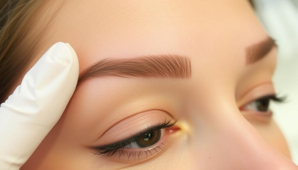 A close-up image of a woman's face, showing her eyebrows after a permanent makeup procedure. The skin around the eyebrows is slightly reddened, indicating recent treatment. The eyebrows are neatly shaped and have a natural, even color. The lighting is soft and diffused, creating a warm, inviting atmosphere. The focus is on the eyebrows, with the rest of the face blurred in the background, emphasizing the importance of the aftercare process. The overall mood is one of care and attention to detail, reflecting the delicate nature of the procedure. A close-up image of a woman's face, showing her eyebrows after a permanent makeup procedure. The skin around the eyebrows is slightly reddened, indicating recent treatment. The eyebrows are neatly shaped and have a natural, even color. The lighting is soft and diffused, creating a warm, inviting atmosphere. The focus is on the eyebrows, with the rest of the face blurred in the background, emphasizing the importance of the aftercare process. The overall mood is one of care and attention to detail, reflecting the delicate nature of the procedure.