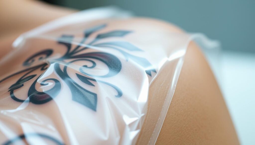 A close-up of a freshly applied tattoo, covered with a protective clear film. The film gently hugs the skin, creating a barrier that shields the intricate design from external elements. The surface is smooth and glossy, reflecting the light in a way that highlights the vibrant colors and crisp lines of the tattoo. The film's edges are neatly sealed, creating a secure and hygienic environment for the healing process. The background is softly blurred, allowing the viewer to focus on the delicate interplay between the tattoo and its protective layer. The overall scene conveys a sense of care, protection, and the importance of properly caring for a new tattoo. A close-up of a freshly applied tattoo, covered with a protective clear film. The film gently hugs the skin, creating a barrier that shields the intricate design from external elements. The surface is smooth and glossy, reflecting the light in a way that highlights the vibrant colors and crisp lines of the tattoo. The film's edges are neatly sealed, creating a secure and hygienic environment for the healing process. The background is softly blurred, allowing the viewer to focus on the delicate interplay between the tattoo and its protective layer. The overall scene conveys a sense of care, protection, and the importance of properly caring for a new tattoo.