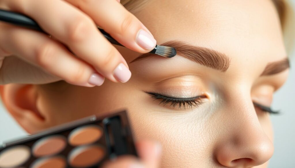 A close-up of a hand gently applying eyeshadow to a woman's brow, creating a natural, defined look. The eyeshadow palette in the foreground features a range of warm, neutral tones. Soft, diffused lighting illuminates the scene, highlighting the delicate brushstrokes and the model's flawless skin. In the background, a blurred, minimalist setting suggests a professional makeup studio or a serene, relaxing environment. The composition emphasizes the technical precision and artistry of the eyebrow makeup application process.
