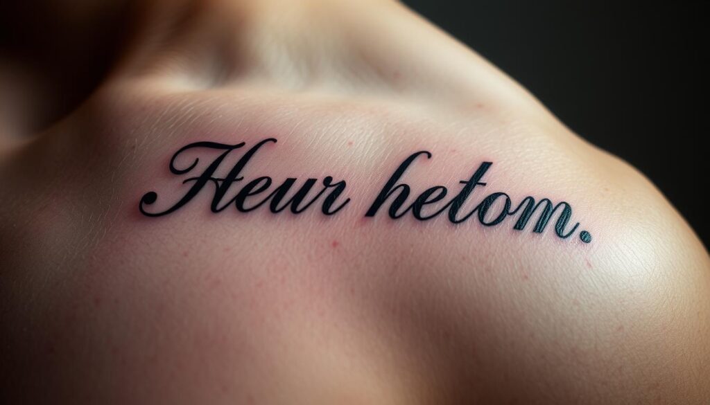A close-up of a lifelike tattoo on a person's skin, featuring an intricate and elegant script font spelling out a meaningful word or phrase. The text is prominently displayed, with a balance of negative space and careful shading to make the letters stand out. The tattoo is depicted with a high level of realism, capturing the natural texture and imperfections of the skin. The lighting is soft and flattering, creating depth and dimension. The overall mood is contemplative and personal, reflecting the significance and personal connection the subject has with the chosen tattoo. A close-up of a lifelike tattoo on a person's skin, featuring an intricate and elegant script font spelling out a meaningful word or phrase. The text is prominently displayed, with a balance of negative space and careful shading to make the letters stand out. The tattoo is depicted with a high level of realism, capturing the natural texture and imperfections of the skin. The lighting is soft and flattering, creating depth and dimension. The overall mood is contemplative and personal, reflecting the significance and personal connection the subject has with the chosen tattoo.