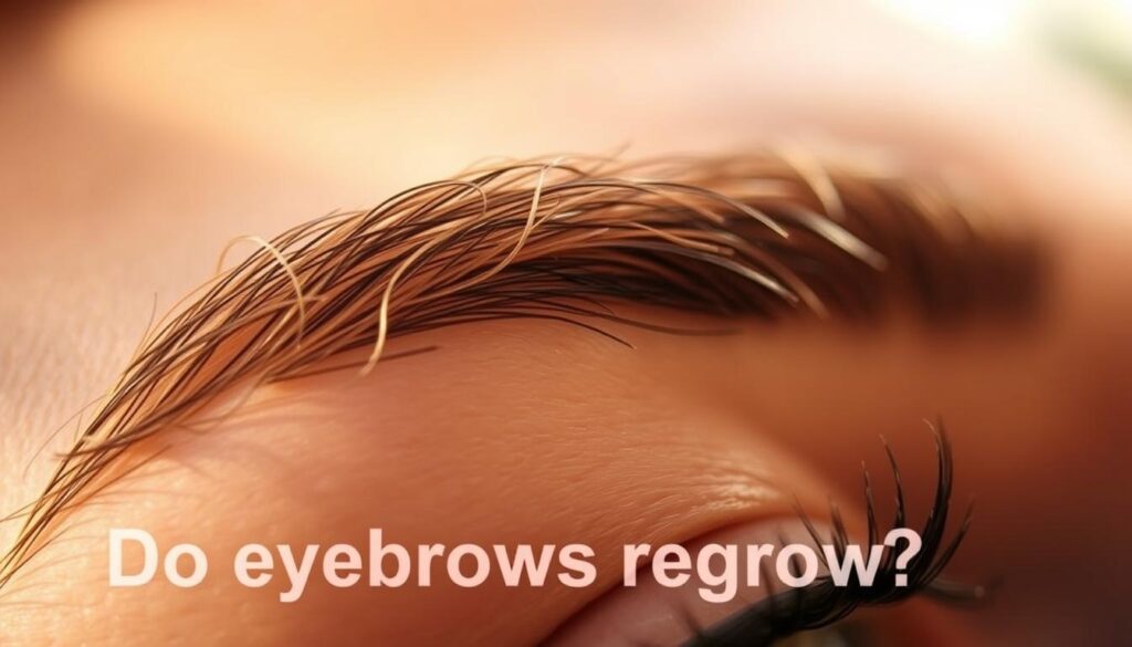A close-up of regrowth of eyebrows, showcasing individual hairs emerging from the skin. The foreground depicts the textured skin around the brow, with fine, delicate hairs gradually sprouting. The middle ground focuses on the fuller, more pronounced hairs, highlighting the process of regeneration. The background is softly blurred, creating a sense of depth and emphasis on the central subject. Warm, natural lighting casts a gentle glow, accentuating the organic textures and tones of the brows. The overall mood is one of introspection and the natural cycle of growth, reflecting the inquisitive nature of the question "Do eyebrows regrow?"