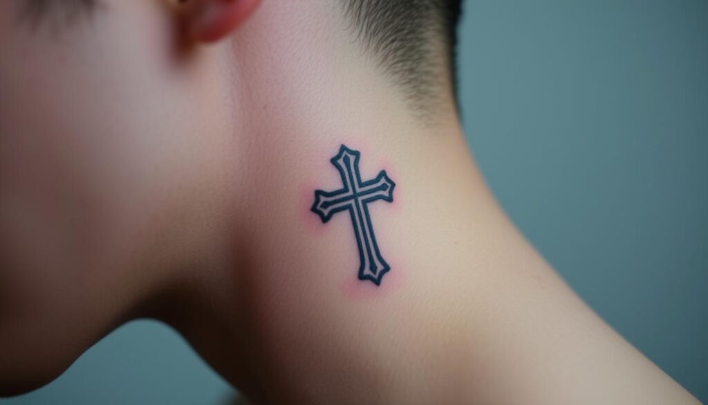 A close-up photograph of a detailed cross tattoo on the side of a person's neck. The tattoo design features intricate linework and shading, creating a visually striking and meaningful symbol. The skin around the tattoo is slightly reddened, indicating it is a fresh or recently healed piece. The background is blurred, keeping the focus solely on the tattoo as the central subject. The lighting is soft and even, accentuating the depth and texture of the ink work. The overall composition and angle convey a sense of personal significance and thoughtfulness behind the tattoo's placement and design. A close-up photograph of a detailed cross tattoo on the side of a person's neck. The tattoo design features intricate linework and shading, creating a visually striking and meaningful symbol. The skin around the tattoo is slightly reddened, indicating it is a fresh or recently healed piece. The background is blurred, keeping the focus solely on the tattoo as the central subject. The lighting is soft and even, accentuating the depth and texture of the ink work. The overall composition and angle convey a sense of personal significance and thoughtfulness behind the tattoo's placement and design.
