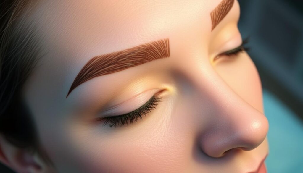A close-up photograph of a person's eyebrows, showcasing the intricate details and shading of a permanent makeup application. The brows are expertly sculpted with precision, exhibiting a natural and well-groomed appearance. The lighting is soft and diffused, creating a warm and flattering effect that highlights the texture and pigmentation of the makeup. The background is blurred, placing the focus entirely on the subject's face and the striking results of the permanent brow treatment. The overall tone is professional, showcasing the high-quality craftsmanship and attention to detail that goes into a permanent makeup procedure.
