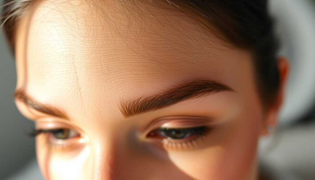 A close-up photograph of eyebrows with permanent makeup, showcasing the delicate interplay of dark, defined brow hairs and warm, earthy henna tones. The lighting is soft and diffused, creating a natural, radiant effect that highlights the intricate textures and fine details of the brows. The composition places the subject in the center, allowing the viewer to fully appreciate the harmonious blend of the permanent makeup and the henna application. The overall mood is one of subtlety and refinement, emphasizing the beauty and versatility of this cosmetic technique.