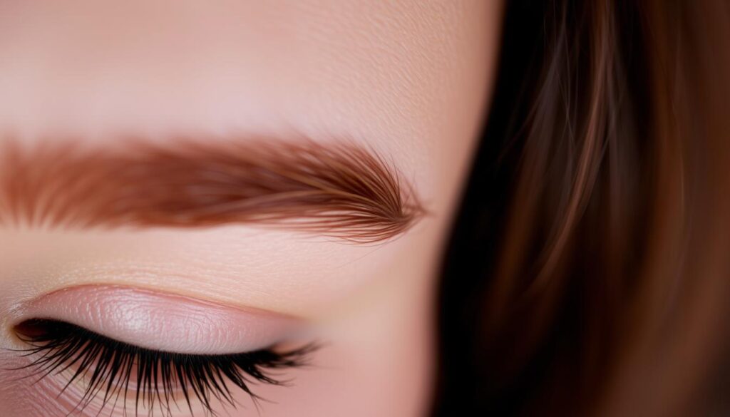 A close-up portrait of a pair of eyebrows, one with a natural appearance and the other with a reddish-brown henna dye application. The image should convey a sense of curiosity and investigation, with soft, diffused lighting that highlights the texture and detail of the brows. The background should be blurred, placing the focus entirely on the subject matter. The overall mood should be one of introspection and a desire to uncover the facts and myths surrounding the effects of henna on eyebrows.