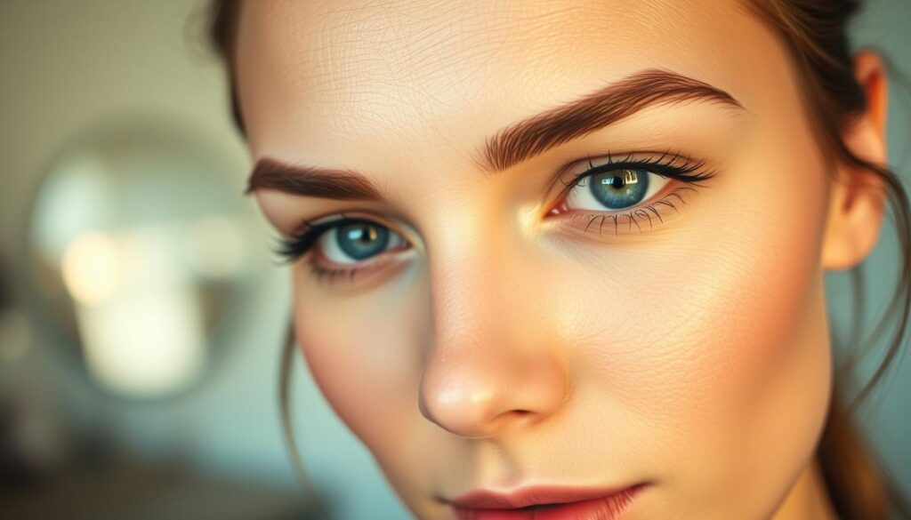 A close-up portrait of a person's face, showcasing the eyebrows in sharp focus. The lighting is soft and diffused, creating a warm, inviting atmosphere. The background is blurred, putting the emphasis on the subject's brows. The eyebrows are well-groomed, with clean, precise lines and a natural arch that complements the face. The expression is relaxed and thoughtful, conveying a sense of poise and confidence. The overall image captures the essential elements of eyebrow shaping, providing a clear visual reference for the "Jak przyciąć brwi - podstawowe informacje" section of the article.