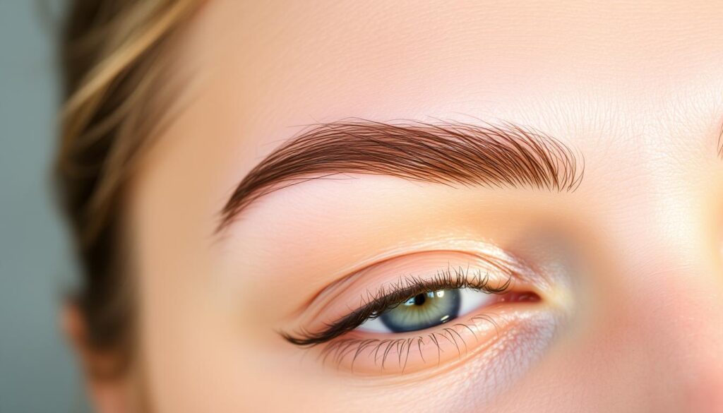 A close-up portrait of a woman's eyebrows in natural lighting, with a soft, diffused glow. The eyebrows are bushy and unkempt, with individual hairs visible. The skin around the eyebrows is smooth and flawless, highlighting the textural contrast. The lighting creates subtle shadows that define the brow shape and structure. The background is blurred, creating a sense of focus on the eyebrows as the central subject. The overall mood is one of attention to detail and a desire to showcase the process of growing out and shaping the eyebrows.