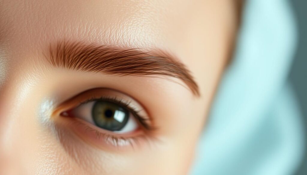 A close-up portrait of a woman's eyebrows, showcasing several non-invasive techniques to enhance their natural density. The lighting is soft and diffused, accentuating the fine hairs and subtle textures. The foreground features the eyebrows in sharp focus, with a blurred, ethereal background that creates a sense of intimacy and attention to detail. The overall mood is one of natural beauty and gentle self-care, conveying the accessible and accessible nature of the methods described in the article section.