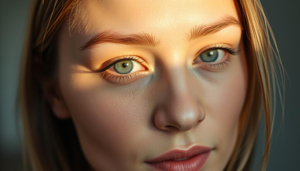 A close-up portrait of a woman's face, with a focused gaze and delicate features. The eyebrows are sparse and soft, with a natural, feathery texture. Gentle, warm lighting illuminates the face from the side, creating subtle shadows and highlights that accentuate the brow's unique character. The background is blurred, allowing the subject to stand out prominently. The overall mood is one of natural beauty and introspection, inviting the viewer to appreciate the unique charm of sparsely-shaped eyebrows.