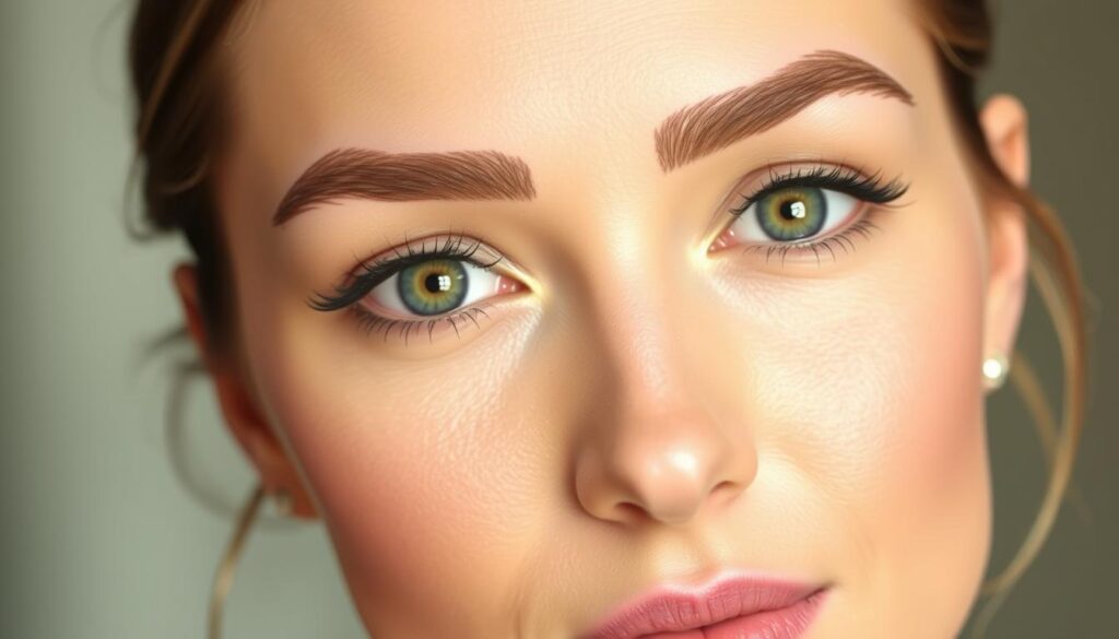 A close-up portrait of a woman's face, with special attention to her eyebrows. The image focuses on the techniques used to lift and shape the brows, showcasing various makeup application methods. The lighting is soft and flattering, creating a natural, glowing effect. The model's expression is relaxed and confident, highlighting the enhanced arch and lift of her brows. The background is blurred, placing the emphasis on the intricate details of the brow makeup application. Subtle shadows and highlights define the brow hairs, creating a three-dimensional, defined appearance. The overall mood is polished, elegant, and instructive, conveying the transformative power of brow makeup techniques.