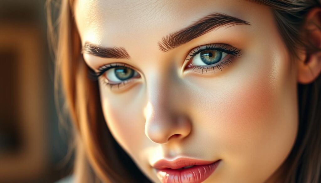 A close-up portrait of a young woman with beautifully defined, natural-looking eyebrows. The lighting is soft and diffused, creating a warm, inviting atmosphere. The subject's gaze is direct and confident, emphasizing the focus on her eyes and brows. The background is blurred, keeping the attention on the carefully groomed eyebrows, which appear lush, glossy, and perfectly shaped. The image conveys the ideal candidate for an eyebrow lamination treatment - someone seeking to enhance their natural brow features without dramatically altering their appearance. A close-up portrait of a young woman with beautifully defined, natural-looking eyebrows. The lighting is soft and diffused, creating a warm, inviting atmosphere. The subject's gaze is direct and confident, emphasizing the focus on her eyes and brows. The background is blurred, keeping the attention on the carefully groomed eyebrows, which appear lush, glossy, and perfectly shaped. The image conveys the ideal candidate for an eyebrow lamination treatment - someone seeking to enhance their natural brow features without dramatically altering their appearance.