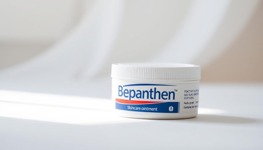 A close-up shot of a Bepanthen skincare ointment container, set against a soft, diffused background. The container is positioned in the foreground, with its distinctive blue and white label clearly visible. The lighting is gentle, creating subtle highlights and shadows that accentuate the texture and sheen of the product. The composition is balanced, with the container occupying a central position, allowing the viewer to focus on its key details. The overall mood is soothing and inviting, reflecting the intended use of the Bepanthen ointment for skin care and healing. A close-up shot of a Bepanthen skincare ointment container, set against a soft, diffused background. The container is positioned in the foreground, with its distinctive blue and white label clearly visible. The lighting is gentle, creating subtle highlights and shadows that accentuate the texture and sheen of the product. The composition is balanced, with the container occupying a central position, allowing the viewer to focus on its key details. The overall mood is soothing and inviting, reflecting the intended use of the Bepanthen ointment for skin care and healing.