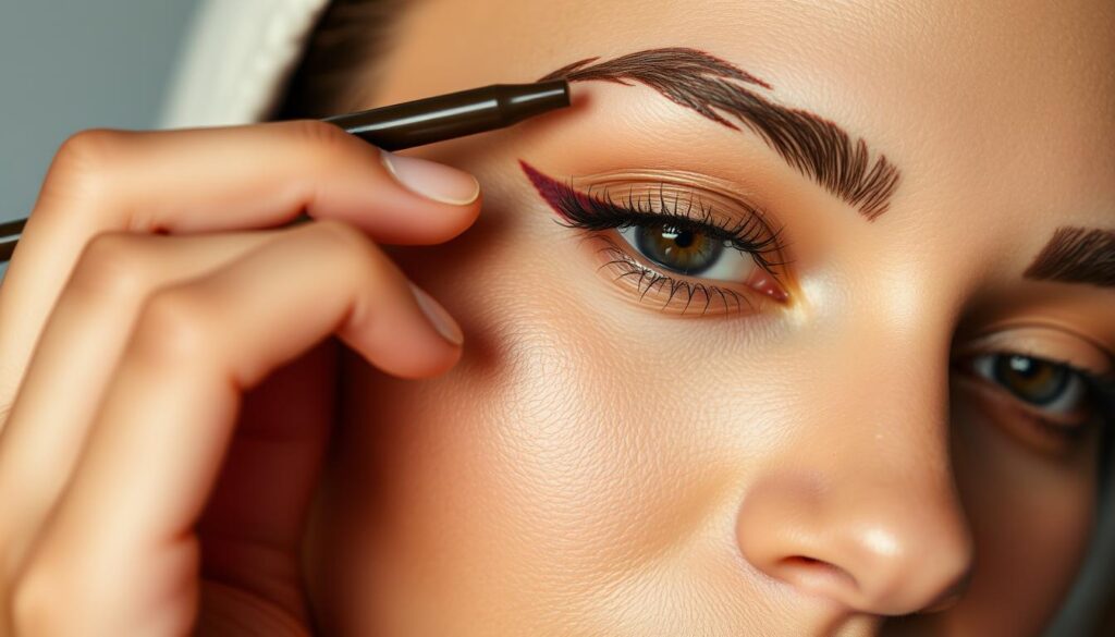 A close-up shot of a female hand delicately applying henna paste to perfectly shaped eyebrows. The skin around the brows is flawless, with a natural glow. The henna dye is deep red, contrasting beautifully against the model's olive-toned complexion. Soft, diffused lighting casts gentle shadows, emphasizing the intricate pattern of the henna design. The model's expression is serene and focused, showcasing the precise, meticulous application of the henna. The background is blurred, keeping the attention on the delicate henna work. The overall mood is one of calm, confidence, and the artistry of traditional beauty rituals.