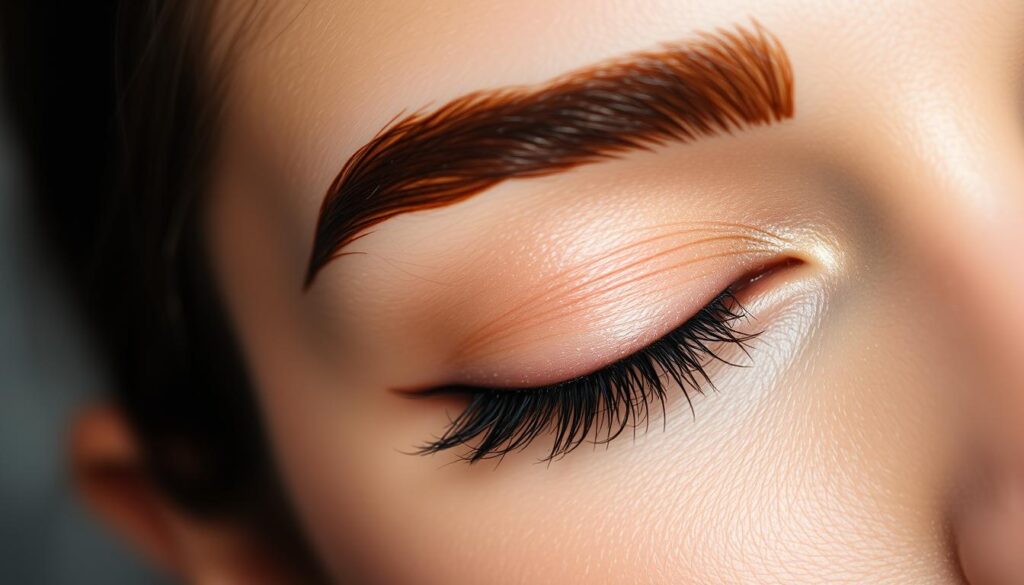 A close-up shot of a female model's eyebrows, with one eyebrow coated in a rich, dark henna color. The henna appears freshly applied, with a shiny, vibrant finish. The skin around the eyebrow is flawless, creating a clean, high-contrast effect. The lighting is soft and diffused, highlighting the natural texture and curves of the eyebrow. The background is blurred, keeping the focus entirely on the intricate details of the henna-tinted brow. The overall mood is one of elegant simplicity, showcasing the transformative power of henna in a visually compelling manner.