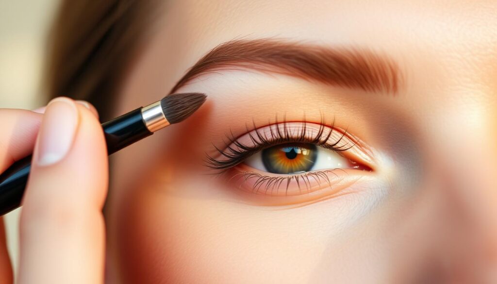 A close-up shot of a hand gently applying a creamy brown eyebrow pomade onto the brows, creating a natural, filled-in look. The pomade smoothly glides across the brows, evenly coating the hairs for a bold, defined effect. The brow is set against a soft, blurred background, with subtle highlights and shadows emphasizing the delicate application process. The lighting is warm and diffused, creating a peaceful, spa-like atmosphere. The overall scene conveys a sense of careful attention and expertise in using this versatile brow product. A close-up shot of a hand gently applying a creamy brown eyebrow pomade onto the brows, creating a natural, filled-in look. The pomade smoothly glides across the brows, evenly coating the hairs for a bold, defined effect. The brow is set against a soft, blurred background, with subtle highlights and shadows emphasizing the delicate application process. The lighting is warm and diffused, creating a peaceful, spa-like atmosphere. The overall scene conveys a sense of careful attention and expertise in using this versatile brow product.
