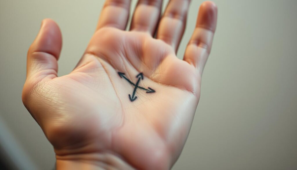 A close-up shot of a hand with a freshly-inked tattoo on the palm, the skin flushed and tender, showcasing the intricate linework and shading. The tattoo depicts a minimalist design, perhaps a simple shape or symbol, capturing the essence of "pain on the hand". The lighting is soft and diffused, highlighting the delicate texture of the skin and the vivid colors of the tattoo. The background is blurred, keeping the focus solely on the hand and the new ink. The overall composition conveys a sense of vulnerability and the temporary discomfort of the tattooing process, while hinting at the deeper personal meaning behind the design.