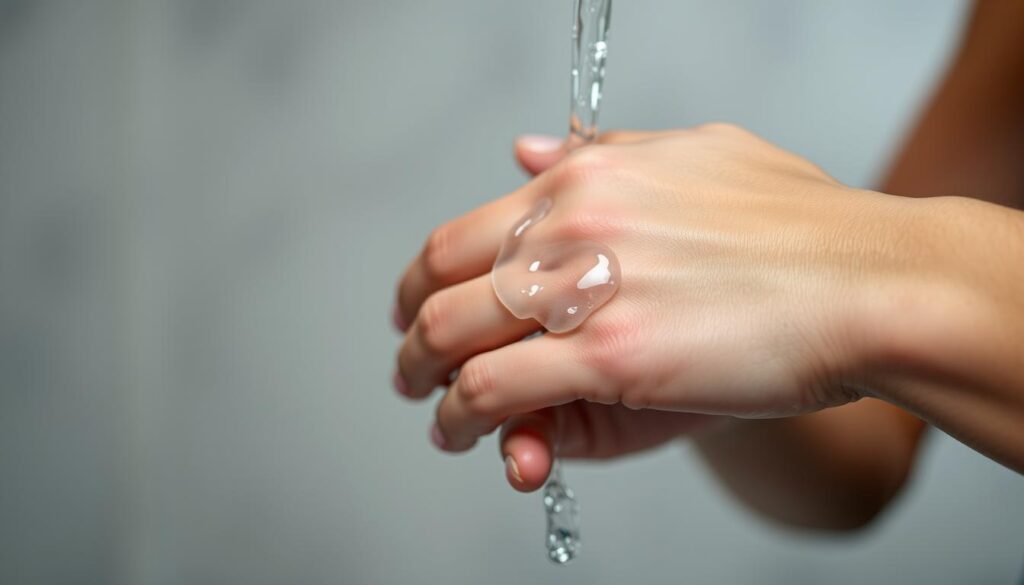 A close-up shot of a human hand gently washing a fresh tattoo with a mild, fragrance-free soap and lukewarm water. The skin is slightly reddened and slightly swollen, indicating the tattoo is in the early stages of healing. The background is blurred, keeping the focus on the hand and the tattoo. Soft, diffused lighting from an overhead source creates a calm, soothing atmosphere. The composition is centered and symmetrical, conveying a sense of care and attention to the tattoo's aftercare. A close-up shot of a human hand gently washing a fresh tattoo with a mild, fragrance-free soap and lukewarm water. The skin is slightly reddened and slightly swollen, indicating the tattoo is in the early stages of healing. The background is blurred, keeping the focus on the hand and the tattoo. Soft, diffused lighting from an overhead source creates a calm, soothing atmosphere. The composition is centered and symmetrical, conveying a sense of care and attention to the tattoo's aftercare.