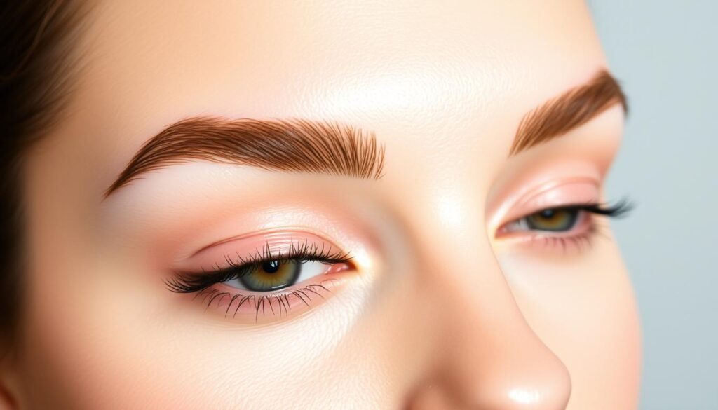A close-up shot of a model's perfectly groomed eyebrows, the hairs neatly arranged and glossy. The brows appear full, symmetrical, and expertly shaped, giving the face a polished, refined look. The lighting is soft and flattering, emphasizing the natural texture and sheen of the brow hairs. In the background, a blurred, neutral backdrop allows the focus to remain solely on the captivating brows. The overall impression is one of elegance, beauty, and the growing popularity of professional brow treatments like lamination. A close-up shot of a model's perfectly groomed eyebrows, the hairs neatly arranged and glossy. The brows appear full, symmetrical, and expertly shaped, giving the face a polished, refined look. The lighting is soft and flattering, emphasizing the natural texture and sheen of the brow hairs. In the background, a blurred, neutral backdrop allows the focus to remain solely on the captivating brows. The overall impression is one of elegance, beauty, and the growing popularity of professional brow treatments like lamination.