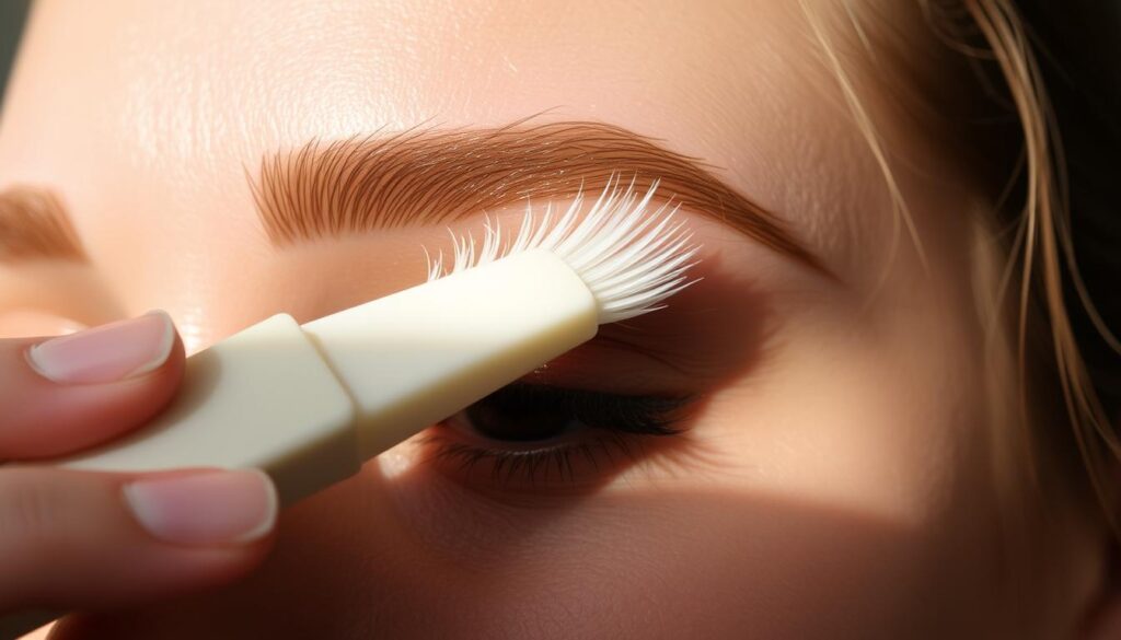 A close-up shot of a person's eyebrows being styled with a bar of soap. The eyebrows are being gently brushed upwards and outwards, creating a fluffy, feathery texture. The face is partially obscured, keeping the focus on the delicate soap-styling technique. Soft, natural lighting from the side illuminates the scene, casting gentle shadows that accentuate the brow hairs. The background is blurred, allowing the eyebrow makeup application to be the central point of interest. A serene, relaxed mood pervades the image, showcasing the simplicity and effectiveness of the "soap brows" beauty hack.