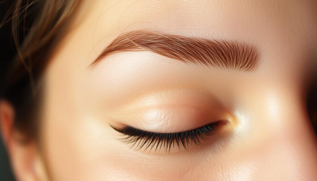 A close-up shot of a person's eyebrows, capturing the intricate details and texture of the hairs. The brows are slightly arched, with a natural, feathered appearance. The lighting is warm and diffused, creating soft shadows that accentuate the brow shape. The background is blurred, keeping the focus on the expressive, well-groomed eyebrows. The image conveys a sense of care and attention to detail in achieving a fuller, more defined brow look.