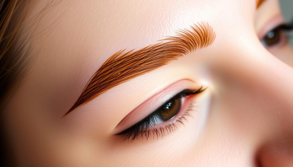 A close-up shot of a person's eyebrows, with the henna dye applied and left to develop. The eyebrows are well-groomed and the henna creates a warm, natural-looking tint that blends seamlessly with the brow hairs. The lighting is soft and diffused, emphasizing the texture and depth of the henna application. The background is blurred, keeping the focus on the eyebrows and the henna maintenance process. The overall mood is one of calm and attention to detail, reflecting the care and longevity of the henna treatment.