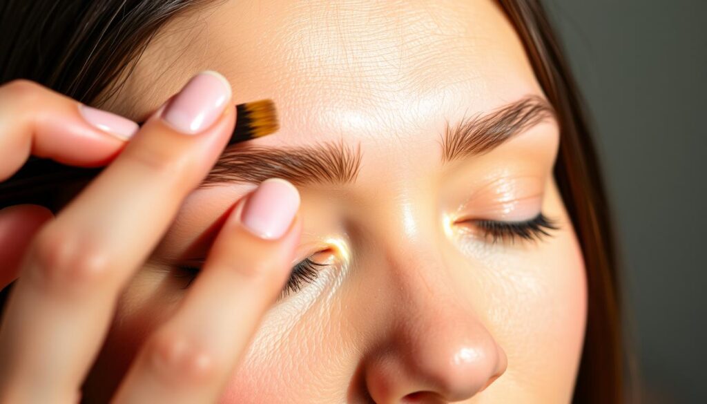 A close-up shot of a person's hands gently grooming a pair of well-shaped, full eyebrows. The fingers delicately brush the brows, shaping and taming the hairs with care. Soft, natural lighting illuminates the scene, highlighting the intricate details of the brow hairs and skin texture. The background is blurred, keeping the focus on the meticulous brow-care process. The image conveys a sense of tranquility and attention to personal grooming, reflecting the importance of proper brow maintenance.