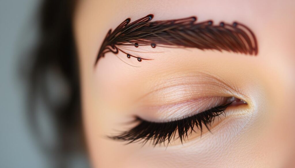 A close-up shot of a woman's brow, meticulously coated in rich, dark henna dye. The skin is gently parted, revealing the intricate patterns and shapes of the organic pigment as it settles into the brow hairs. Soft, diffused lighting casts delicate shadows, accentuating the texture and depth of the henna application. The image has a serene, contemplative mood, with a focus on the precision and artistry of the henna treatment. The brow is the sole subject, framed in a clean, minimal composition that allows the beauty of the henna to shine.