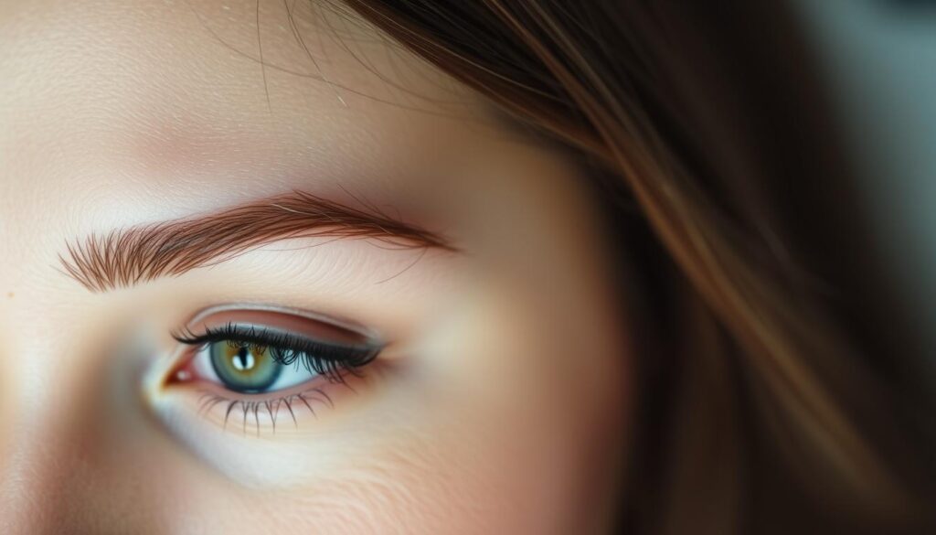 A close-up shot of a woman's eyebrows, one with permanent makeup and the other with henna applied. The contrast between the two brows is clear, showcasing the potential effects of using henna on permanent makeup. The lighting is soft and diffused, creating a serene, almost clinical atmosphere. The background is blurred, keeping the focus on the intricate details of the brows. The image conveys a sense of curiosity and caution, inviting the viewer to consider the safety and implications of using henna on permanent eyebrows.