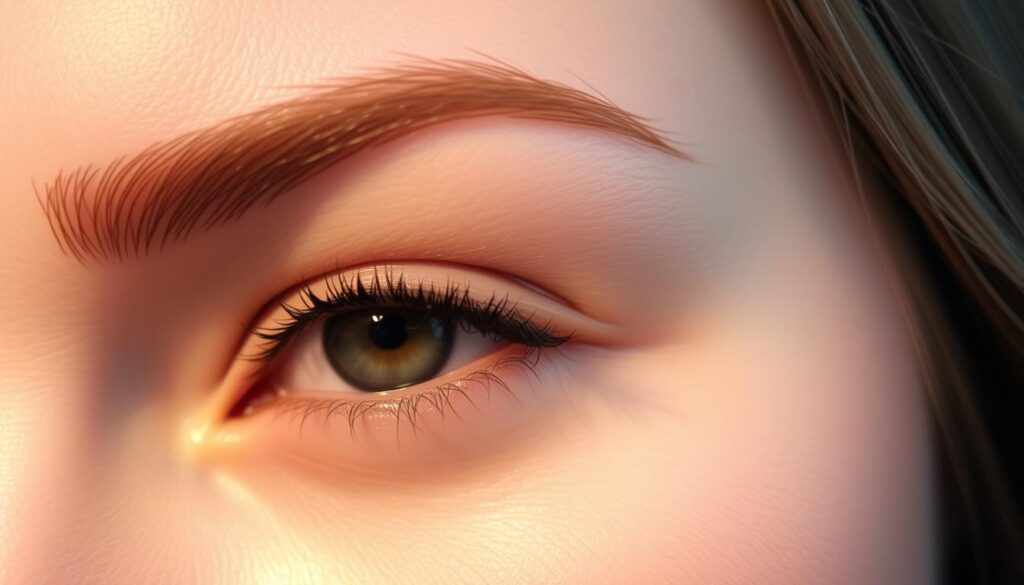 A close-up shot of a woman's eyebrows, showing the regeneration process after a permanent makeup procedure. The eyebrows are slightly swollen and reddish, with sparse, uneven hair growth. The skin around the brows appears slightly irritated, with a slight sheen from the application of nourishing oils or balms. The lighting is soft and diffused, creating a warm, intimate atmosphere that highlights the delicate nature of the healing process. The focus is sharp on the brows, drawing the viewer's attention to the intricate details of the regeneration. A close-up shot of a woman's eyebrows, showing the regeneration process after a permanent makeup procedure. The eyebrows are slightly swollen and reddish, with sparse, uneven hair growth. The skin around the brows appears slightly irritated, with a slight sheen from the application of nourishing oils or balms. The lighting is soft and diffused, creating a warm, intimate atmosphere that highlights the delicate nature of the healing process. The focus is sharp on the brows, drawing the viewer's attention to the intricate details of the regeneration.