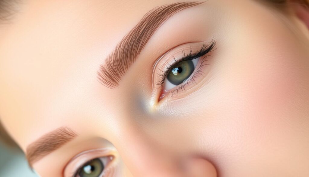 A close-up shot of a woman's eyebrows, with a slight upward tilt, showcasing the smooth, uniform appearance of permanent makeup. The brows are subtly filled in, creating a natural, yet defined shape that complements the face. The lighting is soft and diffused, highlighting the delicate details of the skin and the precision of the tattooed pigments. The background is blurred, keeping the focus on the serene, confident expression of the subject, conveying the transformative power of permanent eyebrow makeup.