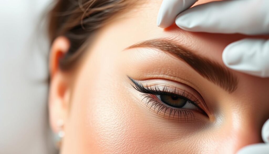 A close-up shot of a woman's face, her eyebrows in focus, revealing the intricacies of a permanent makeup procedure. The skin around the brows appears slightly reddened, indicating the freshness of the treatment. Soft, diffused lighting casts a gentle glow, highlighting the delicate features. The background is blurred, keeping the attention on the eyebrows and the intricate work of the permanent makeup artist. The composition is balanced, with the eyebrows positioned centrally within the frame, conveying a sense of precision and care taken during the process.