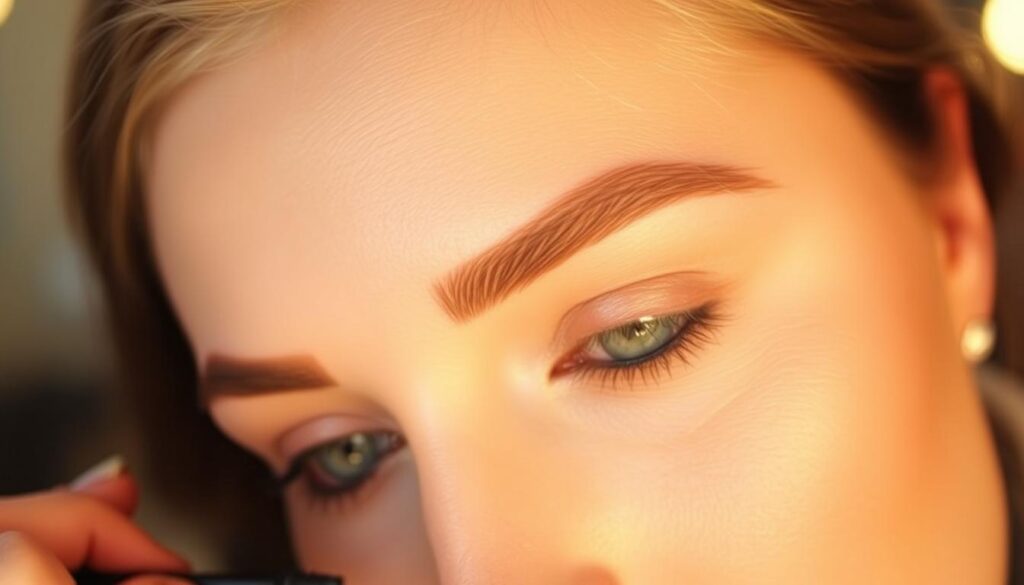 A close-up shot of a woman's well-groomed eyebrows, illuminated by warm, diffused lighting. The brows are filled in expertly, with a natural, feathered appearance and a flattering arch that complements the face. The background is blurred, creating a soft, sophisticated ambiance. The image showcases the technique of skilled eyebrow shaping and makeup application, demonstrating the best methods for enhancing the eyes and framing the face. A close-up shot of a woman's well-groomed eyebrows, illuminated by warm, diffused lighting. The brows are filled in expertly, with a natural, feathered appearance and a flattering arch that complements the face. The background is blurred, creating a soft, sophisticated ambiance. The image showcases the technique of skilled eyebrow shaping and makeup application, demonstrating the best methods for enhancing the eyes and framing the face.