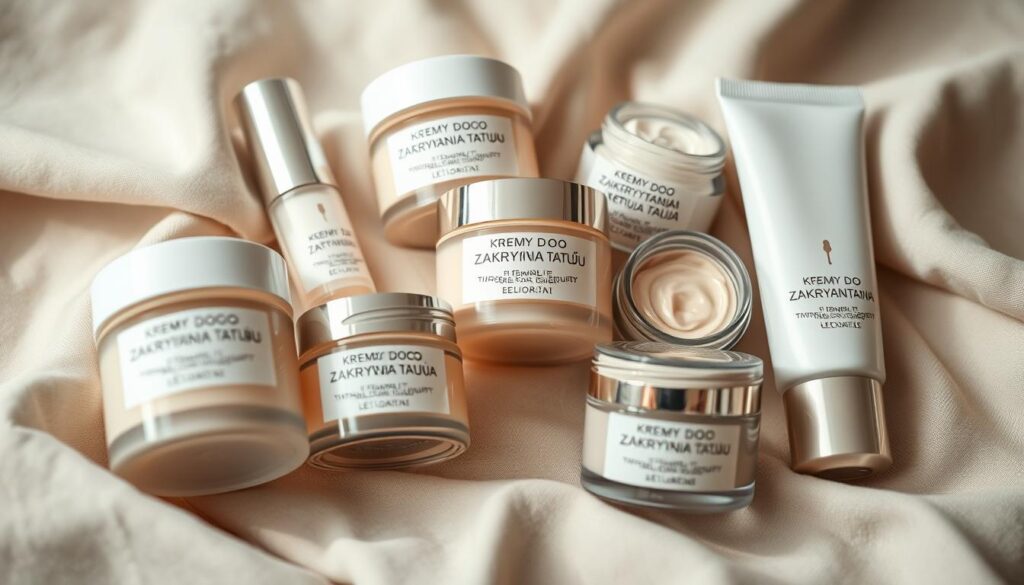 A close-up shot of an array of cosmetic creams in glass jars and tubes, their labels prominently displaying the phrase "Kremy do zakrywania tatuażu". The jars and tubes are arranged on a soft, textured surface, such as linen or velvet, creating a luxurious and elegant composition. The lighting is soft and diffused, casting gentle shadows and highlights on the products, emphasizing their smooth, creamy textures. The overall color palette is muted and refined, with neutral tones complementing the skin-tone shades of the makeup products. The image conveys a sense of sophistication and attention to detail, reflecting the specialized nature of these tattoo-covering cosmetics. A close-up shot of an array of cosmetic creams in glass jars and tubes, their labels prominently displaying the phrase "Kremy do zakrywania tatuażu". The jars and tubes are arranged on a soft, textured surface, such as linen or velvet, creating a luxurious and elegant composition. The lighting is soft and diffused, casting gentle shadows and highlights on the products, emphasizing their smooth, creamy textures. The overall color palette is muted and refined, with neutral tones complementing the skin-tone shades of the makeup products. The image conveys a sense of sophistication and attention to detail, reflecting the specialized nature of these tattoo-covering cosmetics.