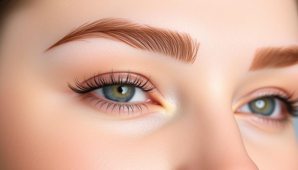 A close-up shot of perfectly groomed eyebrows, freshly treated with a permanent makeup technique. The brows appear sleek, symmetric, and expertly filled in, with a natural, feathery texture. Soft, even lighting illuminates the delicate facial features, highlighting the defined arch and precise shaping. The skin around the brows appears smooth and blemish-free, creating a high-end, professional aesthetic. The overall mood is polished, confident, and subtly glamorous, showcasing the transformative power of permanent brow makeup. A close-up shot of perfectly groomed eyebrows, freshly treated with a permanent makeup technique. The brows appear sleek, symmetric, and expertly filled in, with a natural, feathery texture. Soft, even lighting illuminates the delicate facial features, highlighting the defined arch and precise shaping. The skin around the brows appears smooth and blemish-free, creating a high-end, professional aesthetic. The overall mood is polished, confident, and subtly glamorous, showcasing the transformative power of permanent brow makeup.