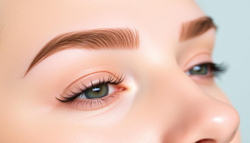 A close-up shot of perfectly styled eyebrows, meticulously groomed and accentuated with a subtle sheen from a light application of soap. The brows appear full, arched, and precisely shaped, creating a naturally enhanced yet sophisticated look. The lighting is soft and diffused, lending a delicate, ethereal quality to the image. The background is blurred, allowing the focus to remain solely on the captivating details of the stylized brows, showcasing the transformative power of the "soap brows" technique. A close-up shot of perfectly styled eyebrows, meticulously groomed and accentuated with a subtle sheen from a light application of soap. The brows appear full, arched, and precisely shaped, creating a naturally enhanced yet sophisticated look. The lighting is soft and diffused, lending a delicate, ethereal quality to the image. The background is blurred, allowing the focus to remain solely on the captivating details of the stylized brows, showcasing the transformative power of the "soap brows" technique.