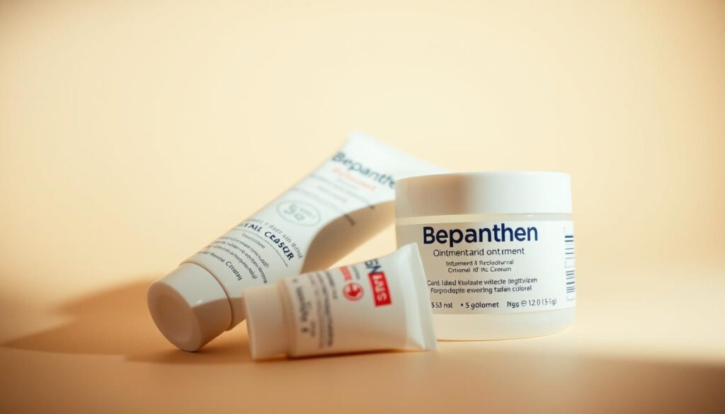A close-up shot of two bottles of Bepanthen skincare products - a tube of ointment and a jar of cream - placed on a simple, neutral-colored background. The lighting is soft and diffuse, creating a warm, inviting atmosphere. The bottles are positioned at a slight angle, creating a sense of depth and emphasizing the contrast between the two products. The labels on the bottles are clearly visible, allowing the viewer to distinguish between the ointment and the cream. The overall composition is clean, minimalist, and visually appealing, drawing the viewer's attention to the key elements of the image. A close-up shot of two bottles of Bepanthen skincare products - a tube of ointment and a jar of cream - placed on a simple, neutral-colored background. The lighting is soft and diffuse, creating a warm, inviting atmosphere. The bottles are positioned at a slight angle, creating a sense of depth and emphasizing the contrast between the two products. The labels on the bottles are clearly visible, allowing the viewer to distinguish between the ointment and the cream. The overall composition is clean, minimalist, and visually appealing, drawing the viewer's attention to the key elements of the image.