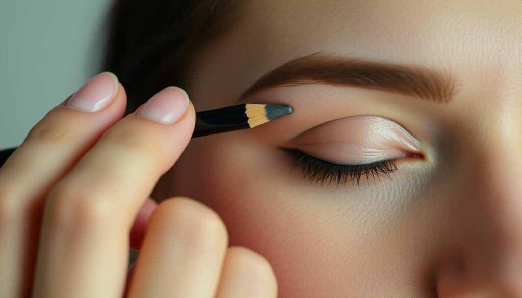 A close-up view of a delicate hand skillfully applying eyebrow makeup. The fingers gracefully hold a small eyebrow pencil, expertly shading and defining the sparse brow hairs. The subject's face is softly lit, creating depth and dimension. The background is blurred, keeping the focus on the intricate process of brow artistry. The overall mood is one of precision, care, and the transformative power of cosmetic techniques. The image captures the essence of the "Praktyczne triki na malowanie brwi" section, demonstrating the nuanced techniques for creating natural-looking, well-defined eyebrows. A close-up view of a delicate hand skillfully applying eyebrow makeup. The fingers gracefully hold a small eyebrow pencil, expertly shading and defining the sparse brow hairs. The subject's face is softly lit, creating depth and dimension. The background is blurred, keeping the focus on the intricate process of brow artistry. The overall mood is one of precision, care, and the transformative power of cosmetic techniques. The image captures the essence of the "Praktyczne triki na malowanie brwi" section, demonstrating the nuanced techniques for creating natural-looking, well-defined eyebrows.