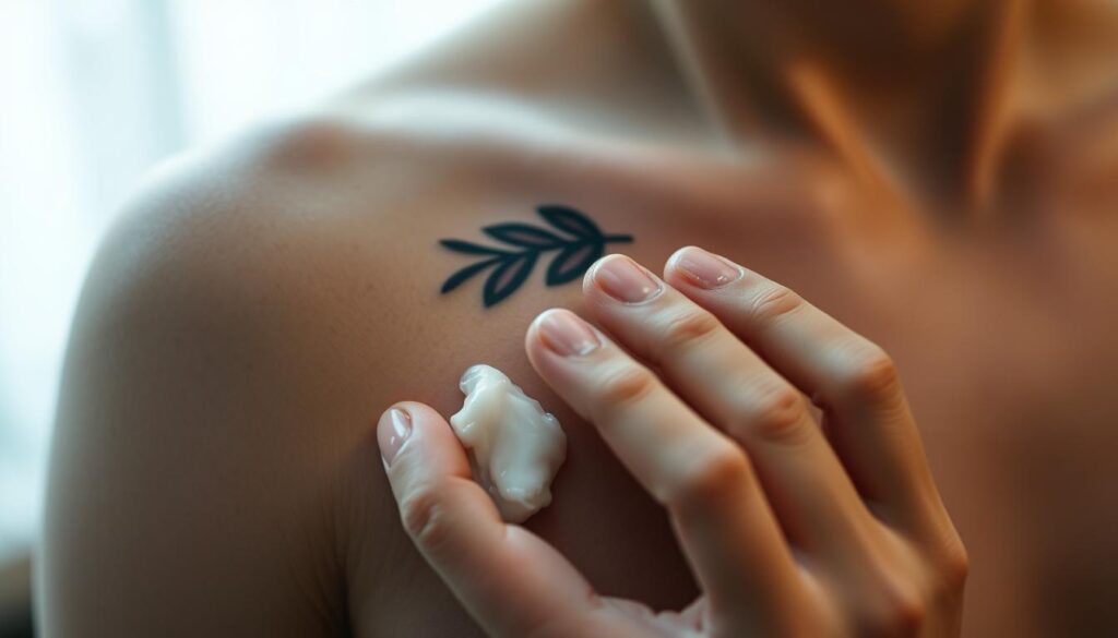 A close-up view of a freshly healed tattoo on smooth, healthy skin. The tattoo is vibrant, its lines crisp and the colors saturated. In the foreground, a hand gently applies a moisturizing, fragrance-free ointment to the tattooed area, using delicate, circular motions. The lighting is soft and diffuse, creating a soothing, intimate atmosphere. The background is blurred, keeping the focus on the careful, attentive tattoo aftercare routine. The overall scene conveys a sense of care, patience and respect for the healing process. A close-up view of a freshly healed tattoo on smooth, healthy skin. The tattoo is vibrant, its lines crisp and the colors saturated. In the foreground, a hand gently applies a moisturizing, fragrance-free ointment to the tattooed area, using delicate, circular motions. The lighting is soft and diffuse, creating a soothing, intimate atmosphere. The background is blurred, keeping the focus on the careful, attentive tattoo aftercare routine. The overall scene conveys a sense of care, patience and respect for the healing process.