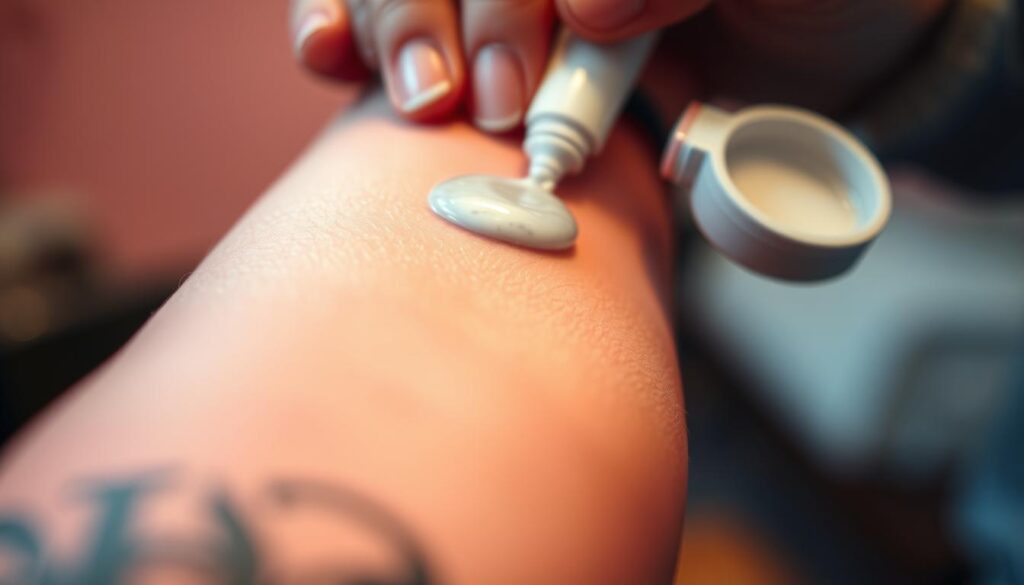 A close-up view of a freshly tattooed arm, the skin still red and tender, with a soothing ointment being gently applied. The tattoo is vibrant and crisp, the lines sharp and the colors vivid. The foreground is in sharp focus, highlighting the intricate details of the tattoo design. The background is softly blurred, creating a sense of depth and drawing the viewer's attention to the healing process. The lighting is soft and diffused, creating a warm, comforting atmosphere. The overall mood is one of care and attention, reflecting the importance of proper tattoo aftercare during the regeneration period. A close-up view of a freshly tattooed arm, the skin still red and tender, with a soothing ointment being gently applied. The tattoo is vibrant and crisp, the lines sharp and the colors vivid. The foreground is in sharp focus, highlighting the intricate details of the tattoo design. The background is softly blurred, creating a sense of depth and drawing the viewer's attention to the healing process. The lighting is soft and diffused, creating a warm, comforting atmosphere. The overall mood is one of care and attention, reflecting the importance of proper tattoo aftercare during the regeneration period.
